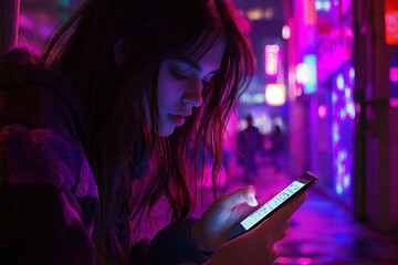Poster - Young woman using a smartphone in an urban setting at night.
