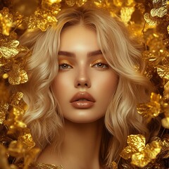 Wall Mural - stunning portrait of a beautiful model with blonde hair surrounded by gold
