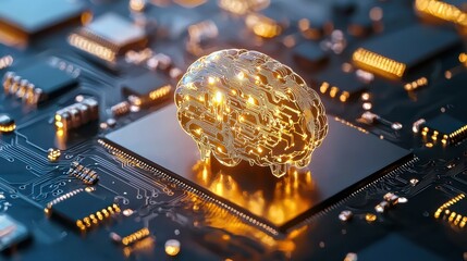 Poster - Futuristic Brain on Glowing Circuit Board Symbolizing Technological Innovation