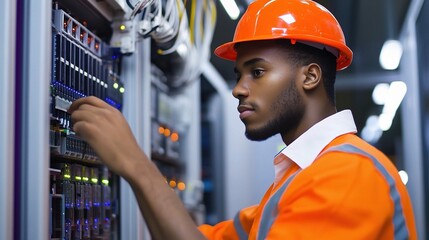 Poster - Electrical Engineer Working Diligently on Server in Network Room