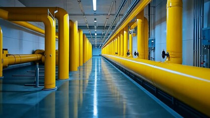 Bright yellow industrial pipes line a modern facility corridor during daytime hours