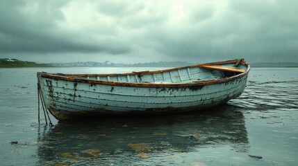  Solitude in the Rain: A Weathered Rowboat Under a Stormy Sky