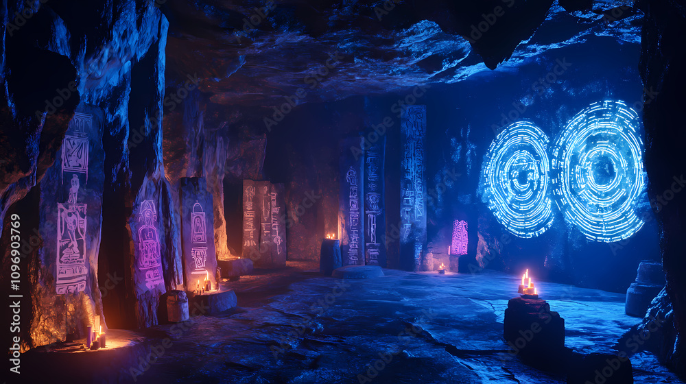 An expansive cavern filled with ancient runes and mystical artifacts ...