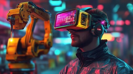 Poster - Engineer in Vibrant VR Glasses Controlling Robotic Arm in Factory
