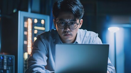Fototapete - Focused Asian Engineer Working on High Voltage Electrical Planning
