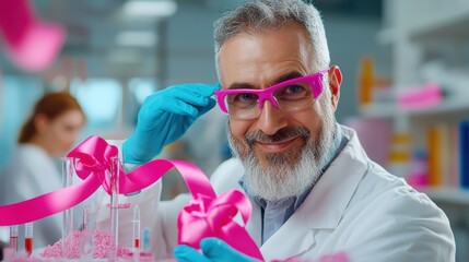 Poster - Smiling Scientist Conducts Experiment in Vibrant Laboratory Setting