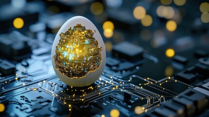 Poster - Glowing golden metallic egg shaped device on complex circuit board with blurred digital technology background