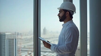 Poster - Portrait of Middle Eastern Engineer in Hard Hat with Tablet