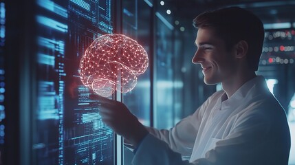 Poster - Smiling Engineer Working in High Tech Data Center with Visual Brain Model