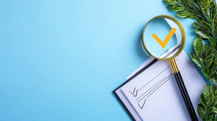 Poster - Magnifying Glass Highlighting Checklist with Tick Mark on Blue Background