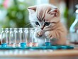 © pichitpon - Cute British Shorthair cat dressed as a scientist, mixing colorful liquids in test tubes on a white background