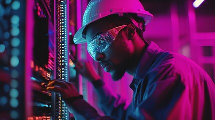 Poster - Focused Technician in Hard Hat and Safety Glasses Working