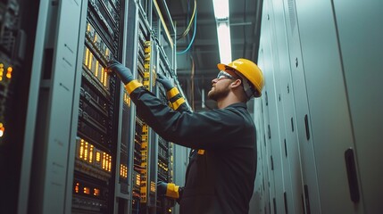 Poster - Electrical Engineer Working Diligently in Server Room Environment