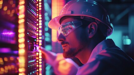 Poster - Technician Focused on Server Maintenance in Safety Gear and Hard Hat