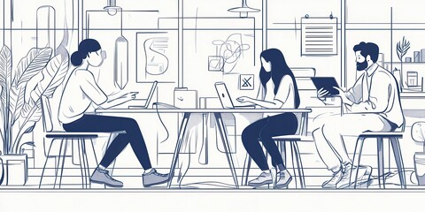 Aufkleber - A minimalist illustration of three individuals collaborating at a table in a modern workspace, using laptops and tablets, surrounded by plants and office decor.