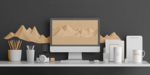 Aufkleber - A modern workspace featuring a computer, stationery, and a minimalist mountain backdrop, creating a serene and inspiring environment.