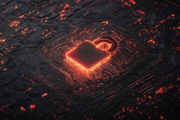 Poster - A glowing padlock symbol surrounded by intricate circuitry, representing data security and digital protection in a technological landscape.