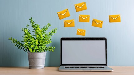 Poster - Laptop with Digital Envelopes and Potted Plant on Minimal Workspace Desk