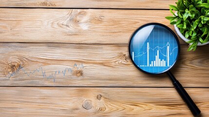 Poster - magnifying glass revealing financial growth data analytics chart on wooden background
