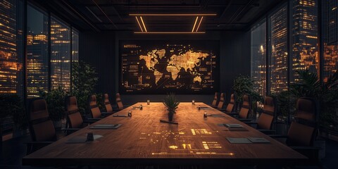 Poster - A modern conference room with a large table, illuminated by ambient lighting, featuring a world map display and city skyline views through large windows.