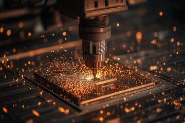 Poster - A precision machine tool cuts through metal, creating sparks and showcasing advanced technology in manufacturing.