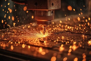 Poster - A laser cutting machine emits sparks while processing metal, showcasing precision and technological advancement in manufacturing.