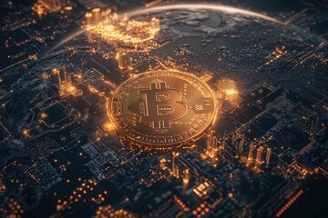 Poster - A visually stunning depiction of a Bitcoin symbol floating above a glowing cityscape, representing the intersection of cryptocurrency and technology.