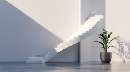 Poster - minimalist architecture with staircase and potted plant in contemporary interior design