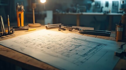 Poster - Detailed Engineering Drawings and Tools on a Workspace Table