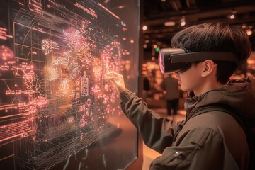 Poster - A person interacts with a virtual display using VR goggles, exploring digital data visuals in a tech-driven environment.