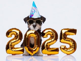 Wall Mural - A cute puppy celebrating the 2025 New Year party, wearing a party hat and sunglasses, sitting with 2025 number balloons