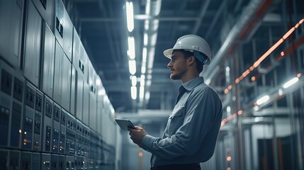 Poster - Engineer Inspecting Equipment in Power Substation Environment