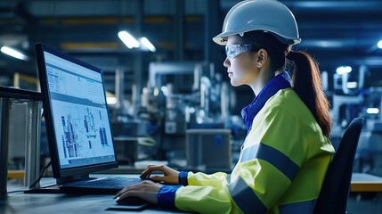 Fototapete - Asian Engineer Working on a Computer in a Modern Industrial Setting