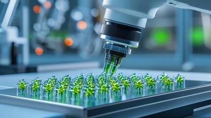 Poster - Close up of Microscope Examining Green Plants in Laboratory