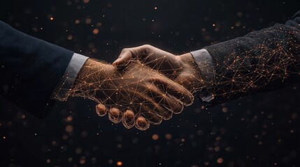 Poster - A digital representation of a handshake symbolizes trust, partnership, and agreement, set against a dark, illuminated background.