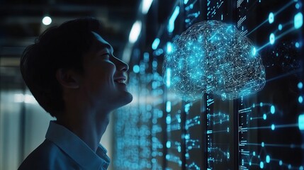 Poster - Engineer Smiling While Working in Data Center with Digital Interface
