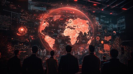 Fototapete - A futuristic scene depicting silhouettes of people observing a digital globe surrounded by data visualizations and glowing graphics.