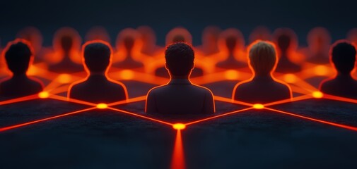 Fototapete - coordination team spirit concept.A group of silhouettes connected by glowing lines, representing networking, communication, or social connections in a digital realm.