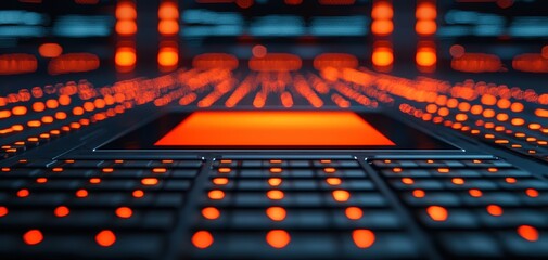 Leinwandbilder - coordination team spirit concept.A close-up view of a futuristic control panel with illuminated buttons in vibrant orange and blue hues, showcasing a high-tech environment.
