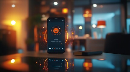 Smartphone with banking app interface and glowing network icons in modern business office background