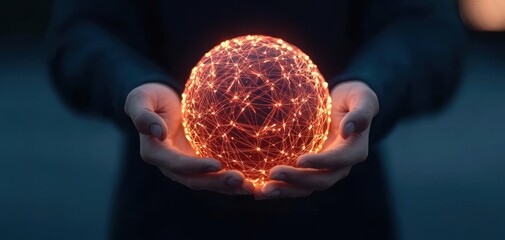 Aufkleber - coordination team spirit concept.A glowing orb of interconnected lines is held in two hands, symbolizing technology, connection, and the universe's mysteries.