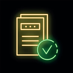 Poster - Glowing neon icon representing successfully completed documents, ideal for projects related to business, productivity, and achievement