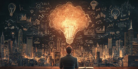 Poster - A person contemplates ideas, represented by a glowing light bulb above a city skyline filled with sketches and symbols of innovation and creativity.