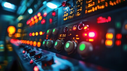 Poster - Detailed Control Panel View in Factory Environment with Illuminated Lights