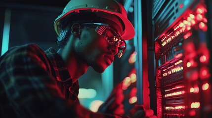 Poster - Focused Technician Wearing Hard Hat and Safety Glasses in Action