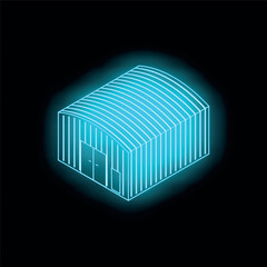 Poster - Neon blue warehouse building is shining on a black background