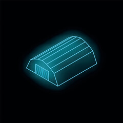 Poster - neon blue warehouse building glowing on a black background