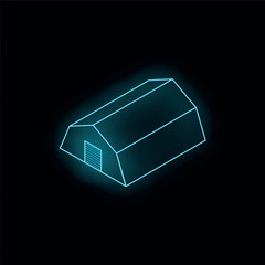 Poster - Neon blue glowing outline of a simple warehouse building with a closed door