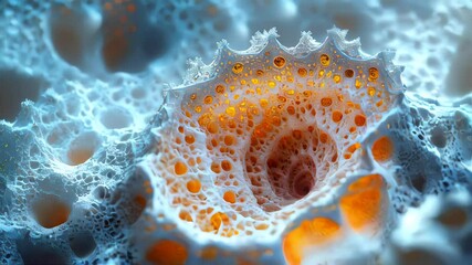 Poster - Abstract close-up of intricate foam bubbles with glowing orange highlights, creating an organic, surreal texture