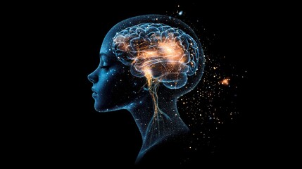 Poster - A digital rendering of a human head with a glowing brain.